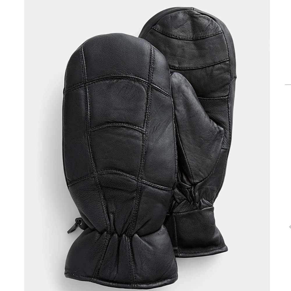 Black patchwork real leather mittens NWT